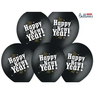 Balónky 30 cm metalické černé - Happy New Year - Silvestr - Partydeco