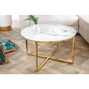 Estila Art-deco kulatý konferenční stolek Gold Marbleux s bílým mramorovým vzhledem s kovovou podstavou zlatá 80cm