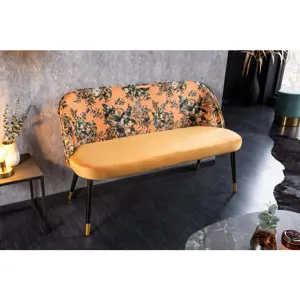 Estila Art-deco stylová lavice Floreque do předsíně se sametovým žlutým potahem s květinovým vzorem 130cm