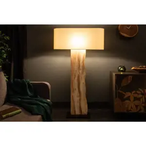 Estila Designový masivní stojací lampa Alaska s naturální hnědou dřevěnou podstavou a bílým stínítkem 147 cm