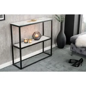 Estila Industriální konzole Industria Marbleux se skleněnou deskou v provedení bílý mramor s černou kovovou konstrukcí 81cm