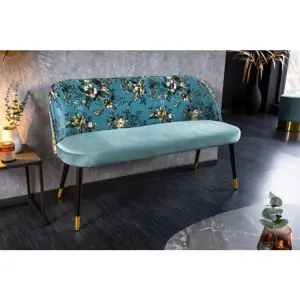 Estila Moderní art-deco lavice Floreque do předsíně s tyrkysovým sametovým čalouněním s florálním motivem 130cm