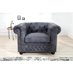 Estila Vintage šedé křeslo Chesterfield Grau s ozdobným prošíváním s kulatými knoflíčky a potahem s efektem vintage kůže 105 cm